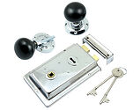 Prima Rim Lock (155mm x 105mm) With Ebony Mushroom Rim Knob (57mm), Polished Chrome - BH1023BC (sold as a set)
