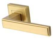 Heritage Brass Linear Art Deco Style Door Handles On Square Rose, Satin Brass - DEC5430-SB (sold in pairs)