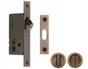 Heritage Brass Round Flush Handle Sliding Door Privacy Lock Set (40mm OR 50mm Backset), Antique Brass - RD2308-AT