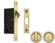 Heritage Brass Round Flush Handle Sliding Door Privacy Lock Set (40mm OR 50mm Backset), Satin Brass - RD2308-SB