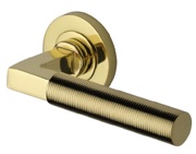 Heritage Brass Spectral Bauhaus Door Handles On Round Rose, Polished Brass - RS2261-PB (sold in pairs)