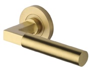 Heritage Brass Spectral Bauhaus Door Handles On Round Rose, Satin Brass - RS2261-SB (sold in pairs)