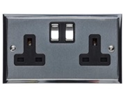 M Marcus Electrical Elite Stepped Plate 2 Gang Sockets, Satin Chrome Dual Finish, Black Or White Trim - S03.850.SCPC