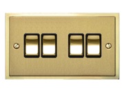 M Marcus Electrical Elite Stepped Plate 4 Gang Switches, Satin Brass Dual Finish, Black Or White Trim - S04.830.SB