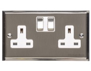 M Marcus Electrical Elite Stepped Plate 2 Gang Sockets, Satin Nickel Dual Finish, Black Or White Trim - S05.850.SN