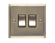 M Marcus Electrical Elite Stepped Plate 2 Gang Switch, Antique Brass, Black Trim - S91.810.ABBK