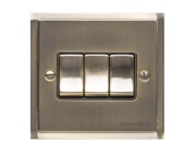 M Marcus Electrical Elite Stepped Plate 3 Gang Switch, Antique Brass, Black Trim - S91.820.ABBK