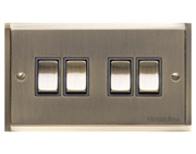 M Marcus Electrical Elite Stepped Plate 4 Gang Switch, Antique Brass, Black Trim - S91.830.ABBK