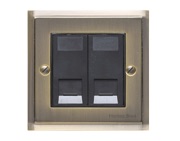 M Marcus Electrical Elite Stepped Plate 2 Gang Telephone & Data Sockets, Antique Brass, Black Trims - S91.956/957