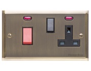 M Marcus Electrical Elite Stepped Plate Cooker Switch (With Socket & Neons), Antique Brass, Black Trim - S91.962.BK