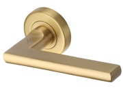 Heritage Brass Trident Door Handles On Round Rose, Satin Brass - TRI1352-SB (sold in pairs)