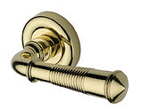 Heritage Brass Reeded Colonial Design Door Handles On Round Rose, Polished Brass - V1936-PB (sold in pairs)