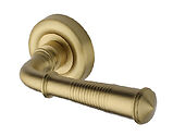 Heritage Brass Reeded Colonial Design Door Handles On Round Rose, Satin Brass - V1936-SB (sold in pairs)
