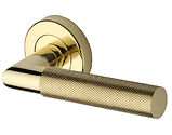 Heritage Brass Bauhaus Mitre Knurled Design Door Handles On Round Rose, Polished Brass - V2272-PB (sold in pairs)