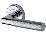 Heritage Brass Bauhaus Mitre Knurled Design Door Handles On Round Rose, Polished Chrome - V2272-PC (sold in pairs)