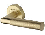 Heritage Brass Bauhaus Mitre Knurled Design Door Handles On Round Rose, Satin Brass - V2272-SB (sold in pairs)