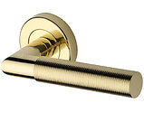 Heritage Brass Bauhaus Mitre Reeded Design Door Handles On Round Rose, Polished Brass - V2274-PB (sold in pairs)