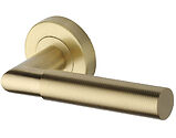 Heritage Brass Bauhaus Mitre Reeded Design Door Handles On Round Rose, Satin Brass - V2274-SB (sold in pairs)
