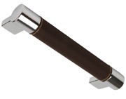 Hafele Domino Cupboard Bar Pull Handle (128mm OR 224mm c/c), Polished Chrome With Brown Leather Effect Centre - 113.98.212