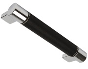 Hafele Domino Cupboard Bar Pull Handle (128mm OR 160mm c/c), Polished Chrome With Black Leather Effect Centre - 113.98.232