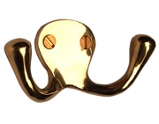 Cardea Ironmongery Double Coat Hook, Unlacquered Brass - AA096UNL