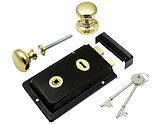 Prima Rim Lock (155mm x 105mm) With Mushroom Rim Knob (52mm), Black With Polished Brass Knob - BH1015BL (sold as a set)