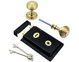Prima Rim Lock (155mm x 105mm) With Reeded Rim Knob (53mm), Black With Polished Brass Knob - BH1016BL (sold as a set)