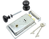 Prima Rim Lock (155mm x 105mm) With Matt Black Reeded Rim Knob (53mm), Polished Chrome - BH1016BC/MB (sold as a set)