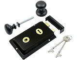 Prima Rim Lock (155mm x 105mm) With Mushroom Rim Knob (52mm), Black With Matt Black Knob - BH1015BL/MB (sold as a set)