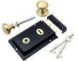 Prima Rim Lock (155mm x 105mm) With Mushroom Rim Knob (52mm), Black With Satin Brass Knob - BH1015BL/SB (sold as a set)
