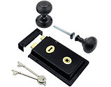 Prima Rim Lock (155mm x 105mm) With Matt Black Reeded Rim Knob (53mm), Black - BH1016BL/MB (sold as a set)