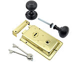 Prima Rim Lock (155mm x 105mm) With Matt Black Reeded Rim Knob (53mm), Polished Brass - BH1016PB/MB (sold as a set)