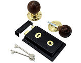 Prima Rim Lock (155mm x 105mm) With Rosewood Reeded Rim Knob (54mm), Black - BH1022BL (sold as a set)