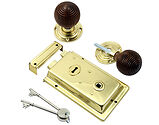 Prima Rim Lock (155mm x 105mm) With Rosewood Reeded Rim Knob (54mm), Polished Brass - BH1022PB (sold as a set)