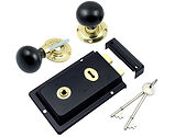 Prima Rim Lock (155mm x 105mm) With Ebony Mushroom Rim Knob (57mm), Black - BH1023BL (sold as a set)