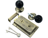Prima Rim Lock (155mm x 105mm) With Ebony Reeded Rim Knob (54mm), Antique Brass - BH1024XL (sold as a set)