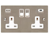 M Marcus Electrical Elite Flat Plate Range 2G 13A Socket with USB-A+C, Satin Nickel With White Trim - C-T05.755.SNW