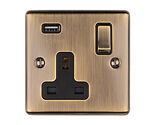 Carlisle Brass Eurolite Enhance Decorative 13 Amp Switched Socket With USB Outlet, Antique Brass With Black Trim - EN1USBABB