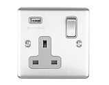 Carlisle Brass Eurolite Enhance Decorative 13 Amp Switched Socket With USB Outlet, Satin Stainless Steel With Grey Trim - EN1USBSSG