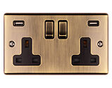 Carlisle Brass Eurolite Enhance Decorative 13 Amp 2 Gang USB Switched Sockets, Antique Brass With Black Trim - EN2USBABB