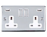 Carlisle Brass Eurolite Enhance Decorative 13 Amp 2 Gang USB Switched Sockets, Polished Chrome With White Trim - EN2USBPCW