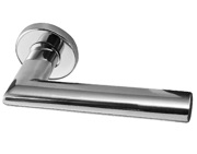 Frelan Hardware Neptune Mitred Door Handles On Round Rose, Polished Stainless Steel - JPS406 (sold in pairs)