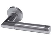 Frelan Hardware Cambrio Mitred Door Handles On Round Rose, Dual Finish Polished & Satin Stainless Steel - JSSPS701 (sold in pairs)