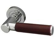 Frelan Hardware Paja Ascot Brown Leather Door Handles On Round Rose, Polished Chrome - JV4006PC (sold in pairs)