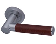 Frelan Hardware Paja Ascot Brown Leather Door Handles On Round Rose, Satin Chrome - JV4006SC (sold in pairs)