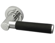 Frelan Hardware Paja Ascot Black Leather Door Handles On Round Rose, Polished Chrome - JV4010PC (sold in pairs)