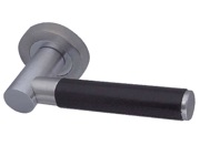 Frelan Hardware Paja Ascot Black Leather Door Handles On Round Rose, Satin Chrome - JV4010SC (sold in pairs)