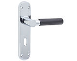 Frelan Hardware Ascot Suite Door Handles On Backplate, Polished Chrome With Black Leather Handle - JV4011PC (sold in pairs)