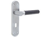Frelan Hardware Ascot Suite Door Handles On Backplate, Satin Chrome With Black Leather Handle - JV4011SC (sold in pairs)