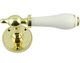 Chatsworth White Goldline Porcelain Door Handle, Polished Brass Round Rose - PBBUL32-WHI-GL
